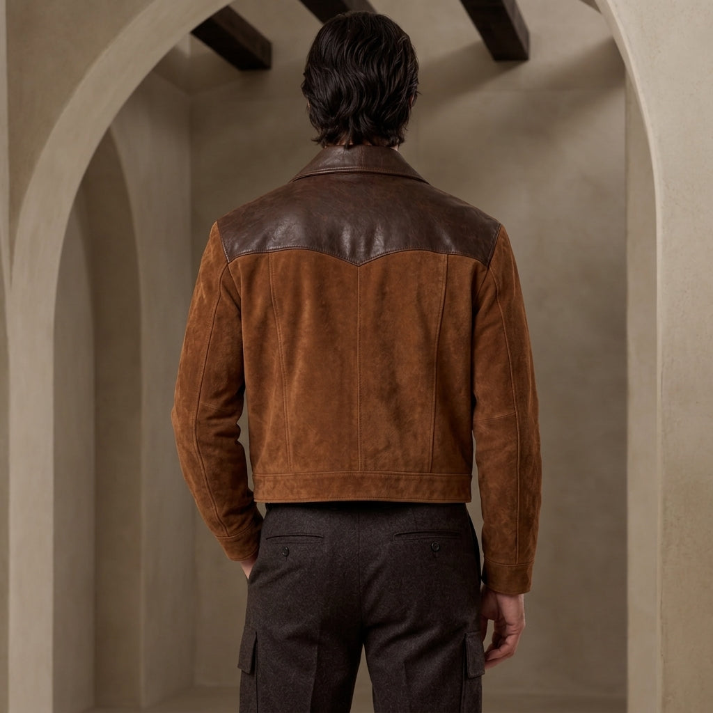 A man viewed from behind wearing a brown suede and dark brown leather jacket, paired with dark gray trousers, standing in a stone archway corridor.