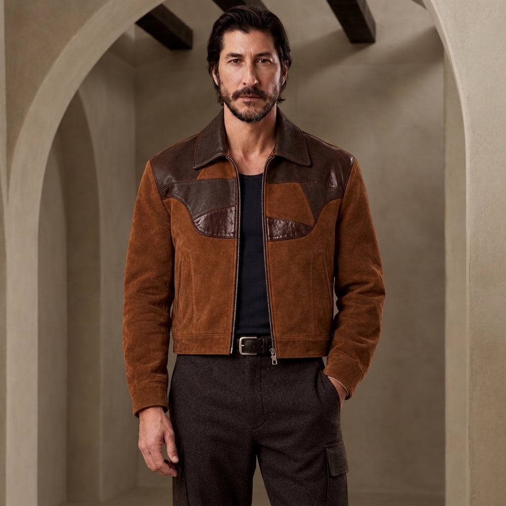 A man wearing a brown suede and leather jacket with dark brown panels, styled with a black shirt and dark trousers, standing in front of a beige stone archway background.