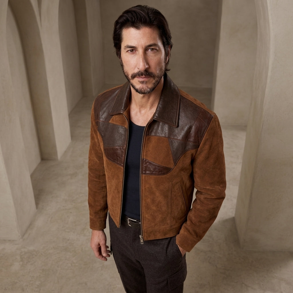 A man wearing a brown suede and leather jacket, dark trousers, and a black shirt, standing in a minimalist beige stone corridor.