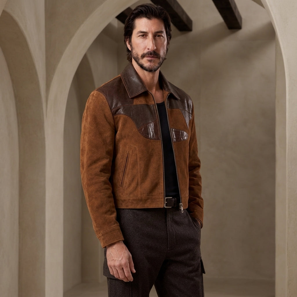 A man wearing a brown suede and leather jacket with a black shirt and dark trousers, standing in a warm-toned architectural setting with arches.