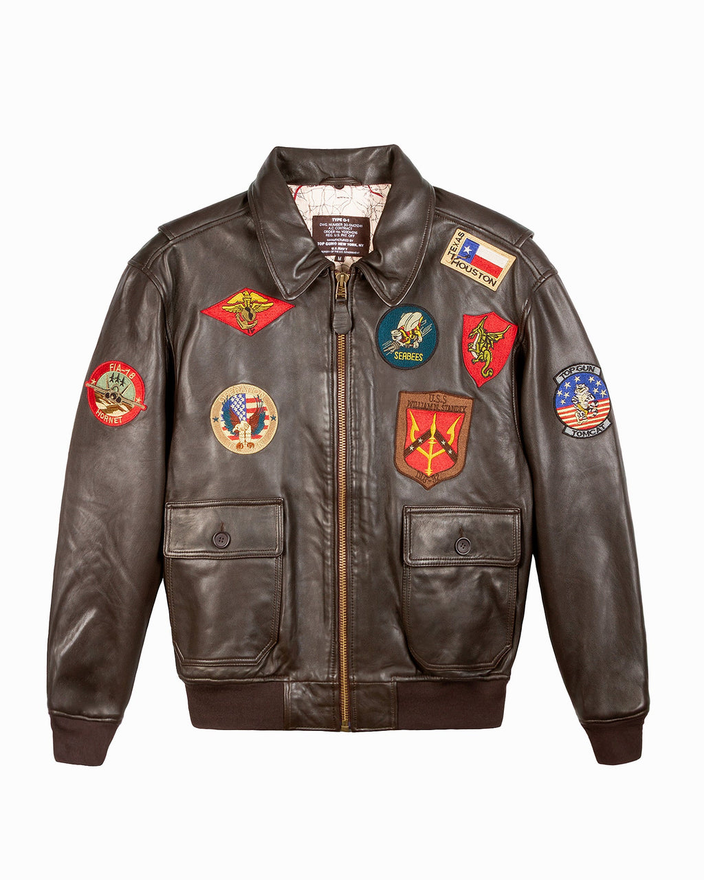 Brown leather jacket with various patches on a white background