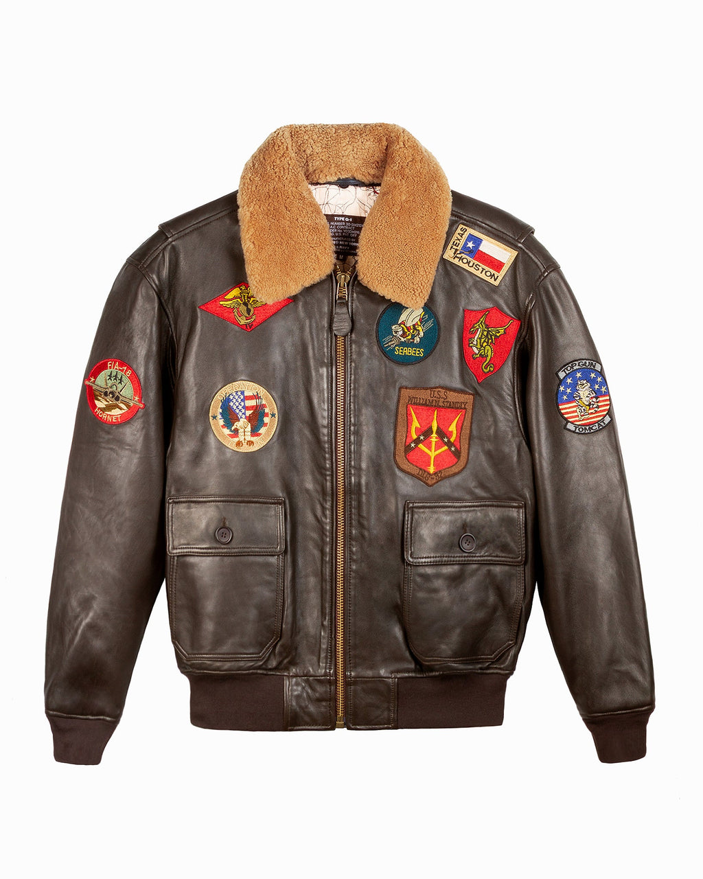 Brown leather jacket with patches on a white background