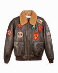 Brown leather jacket with patches on a white background