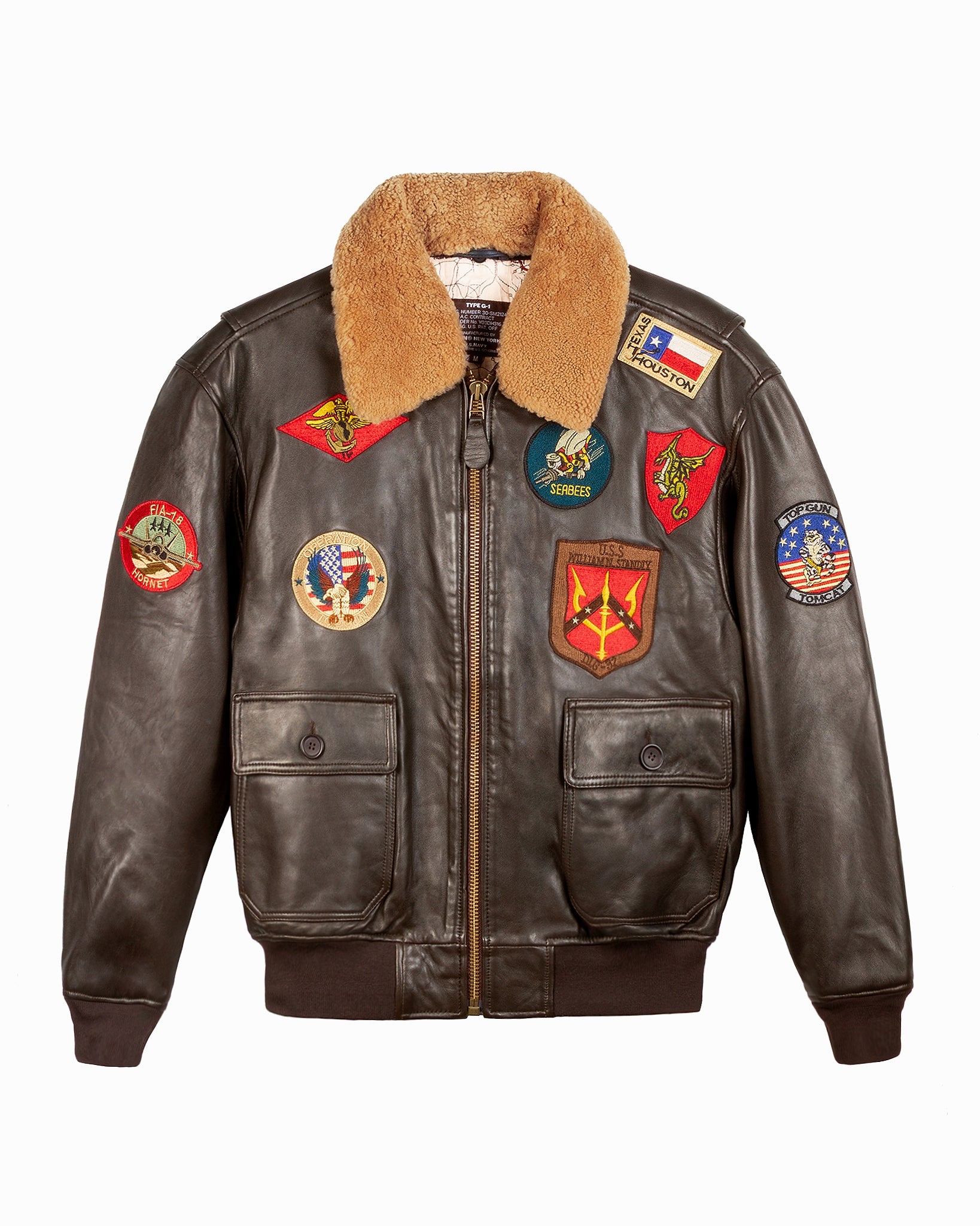 Brown leather jacket with patches on a white background