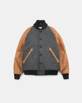 Gray varsity jacket with brown sleeves on a white background