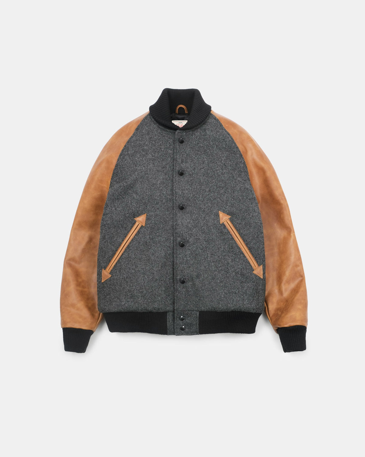 Gray varsity jacket with brown sleeves on a white background