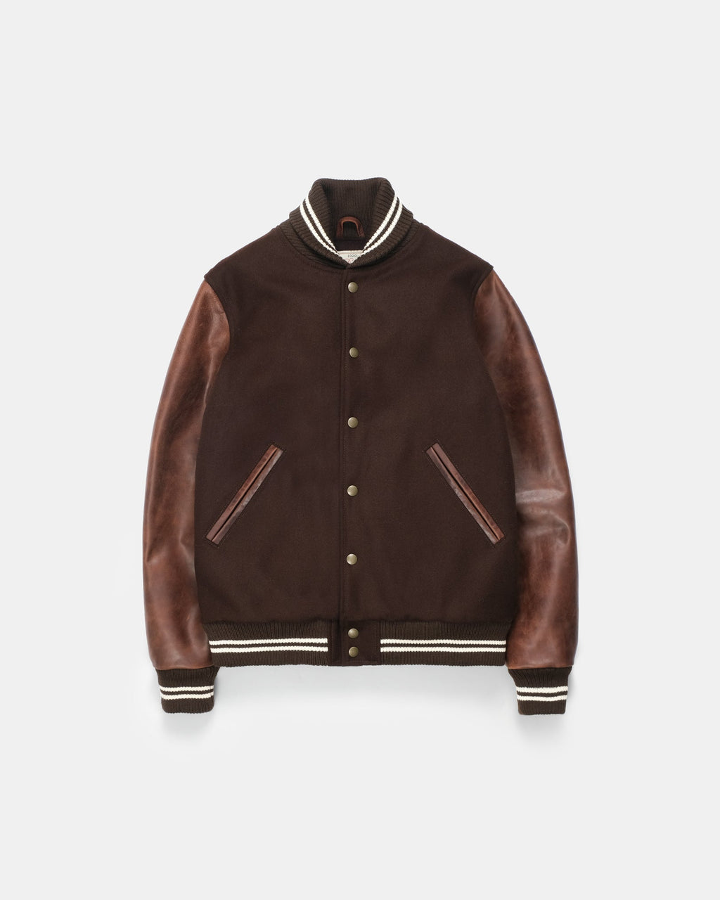 Brown leather jacket with white trim on a light gray background
