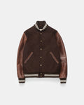 Brown leather jacket with white trim on a light gray background