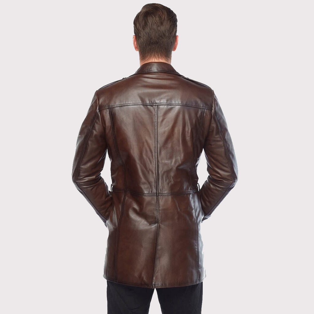 A man viewed from the back wearing a dark brown leather jacket, set against a solid light gray background.