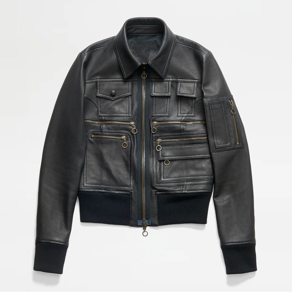 Black leather jacket with multiple pockets and zippers on a white background