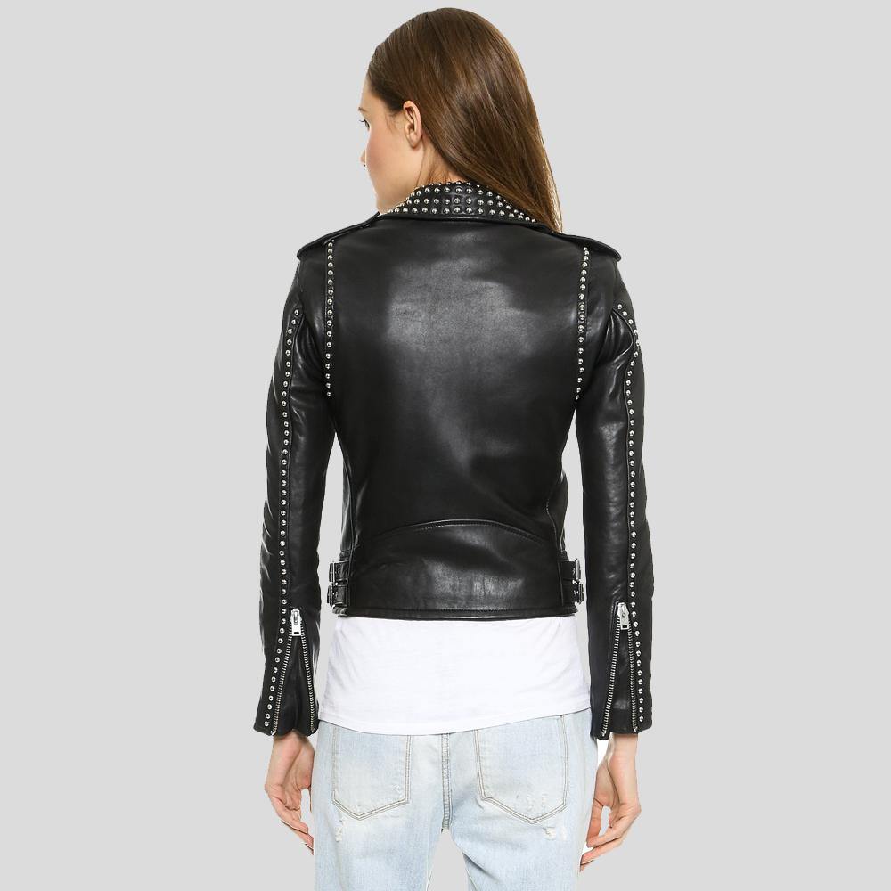 Black leather jacket with studs on a gray background