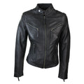 A black leather motorcycle jacket with a stand collar, front zipper, and multiple zippered pockets, shown against a plain white background.