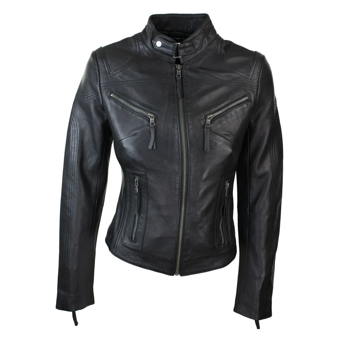 A black leather motorcycle jacket with a stand collar, front zipper, and multiple zippered pockets, shown against a plain white background.
