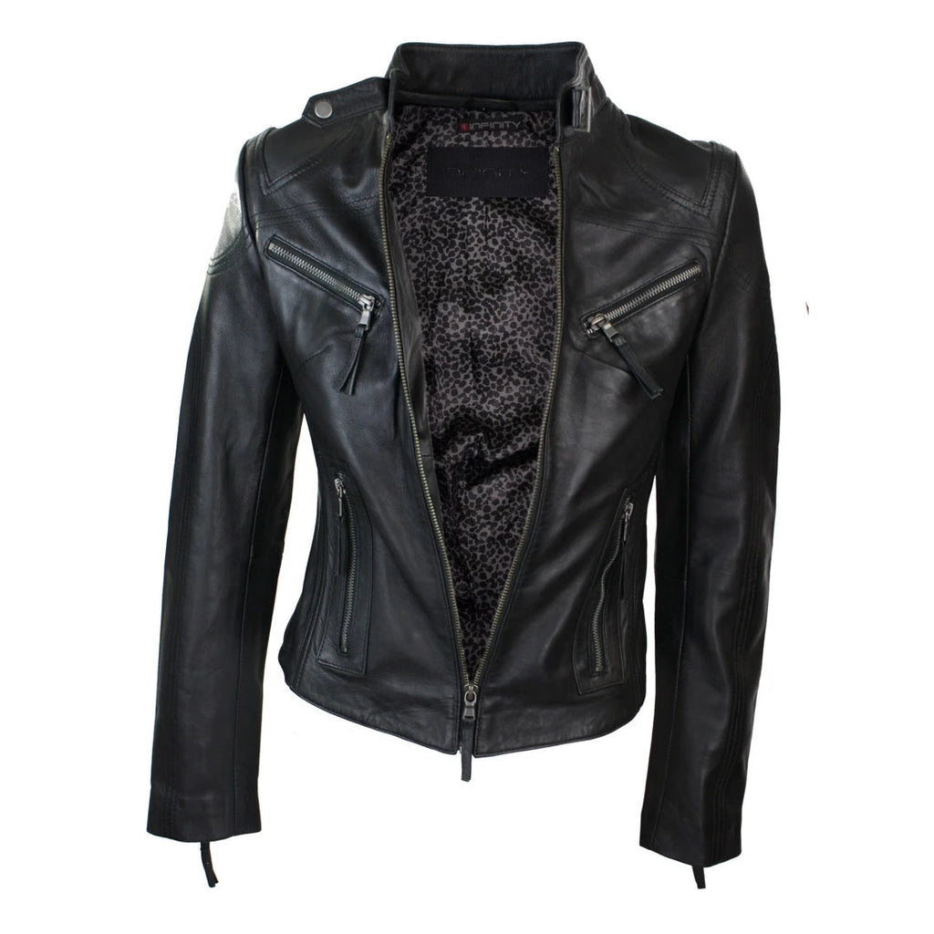 A black leather biker jacket with a leopard-print fleece lining, shown open against a plain white background.