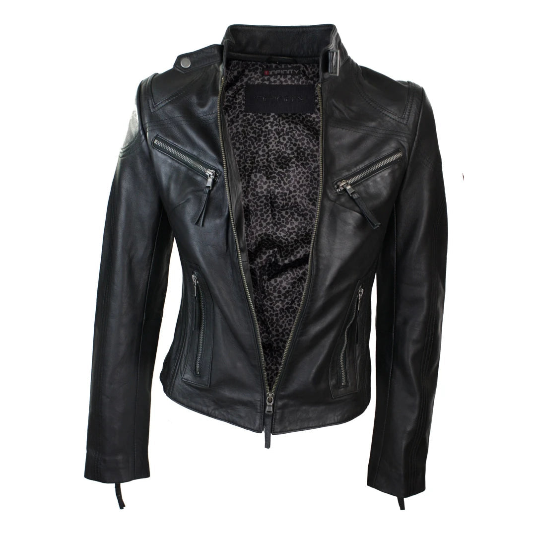 A black leather biker jacket with a leopard-print fleece lining, shown open against a plain white background.