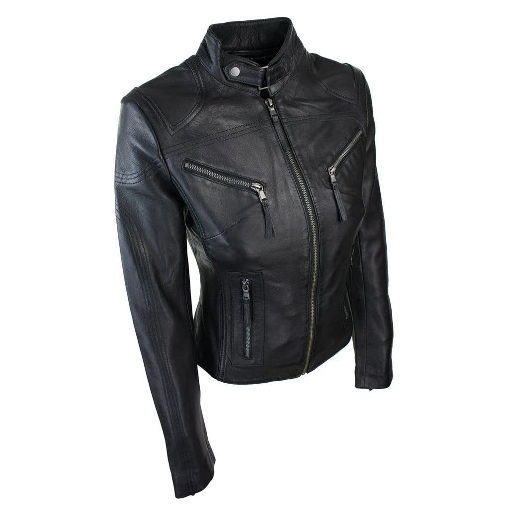 A black leather motorcycle jacket with a stand collar, front zipper, and multiple zippered pockets, shown on a plain white background.