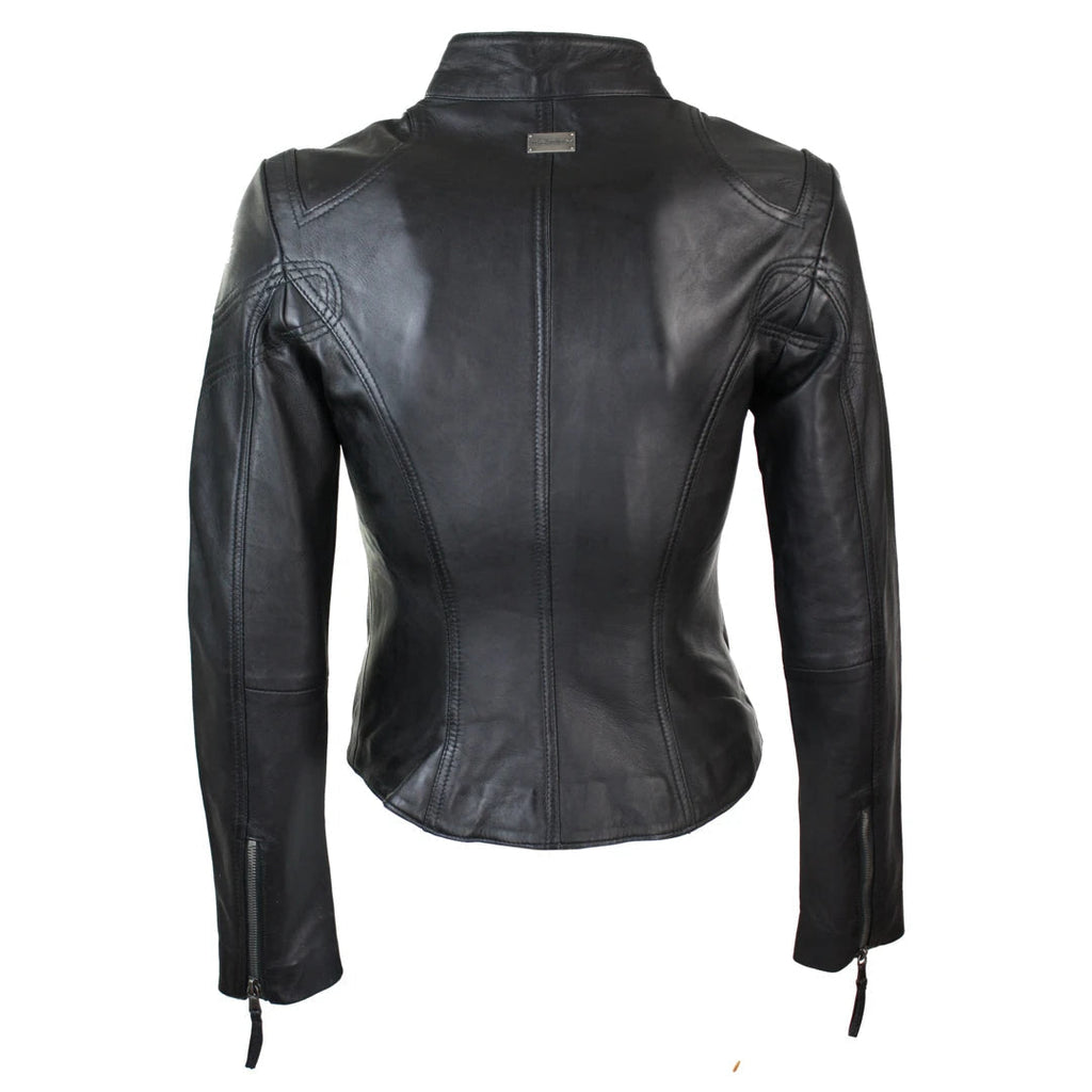 Black leather motorcycle jacket shown from the back, featuring a high collar, center back zipper, and decorative stitching on the shoulders and sides.
