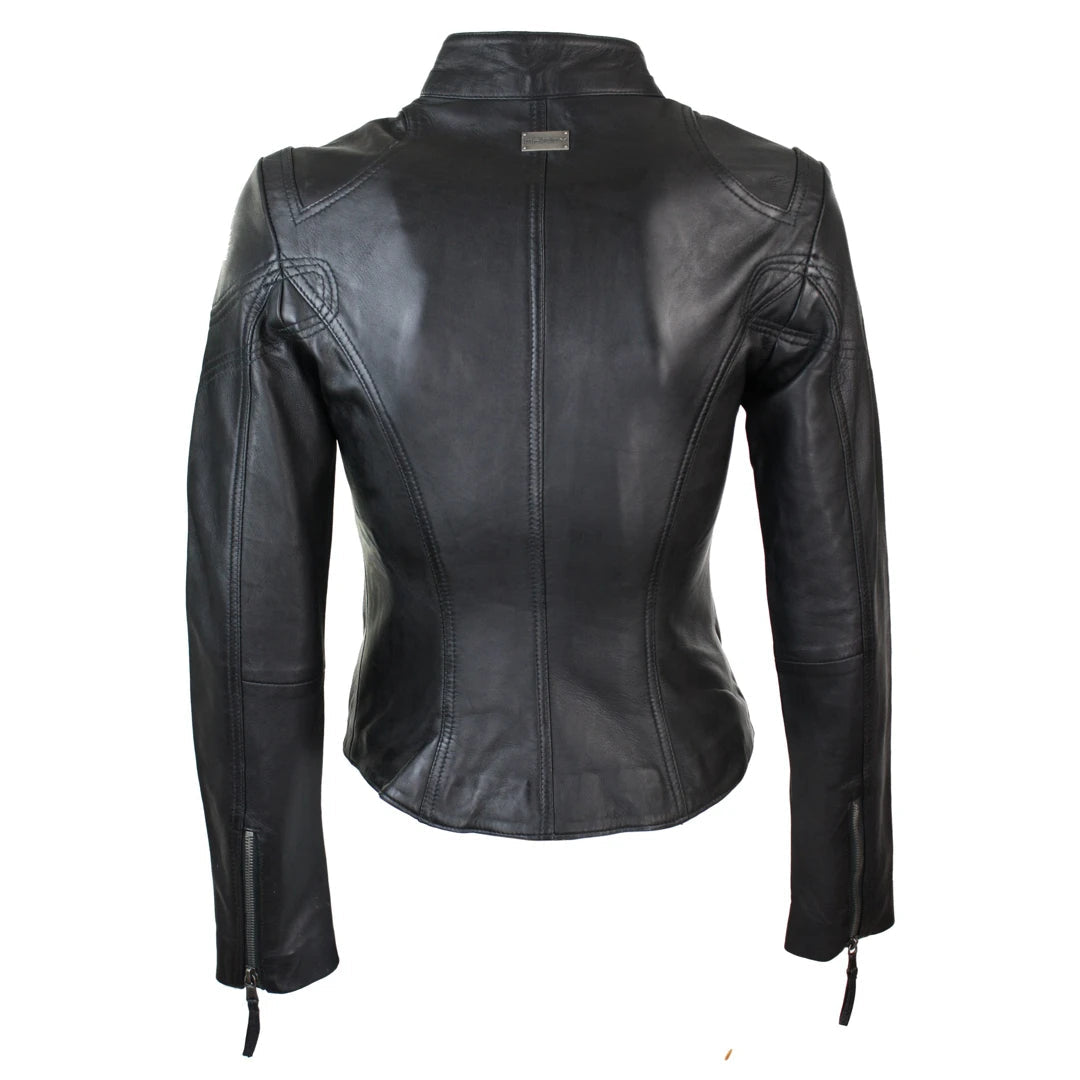 Black leather motorcycle jacket shown from the back, featuring a high collar, center back zipper, and decorative stitching on the shoulders and sides.