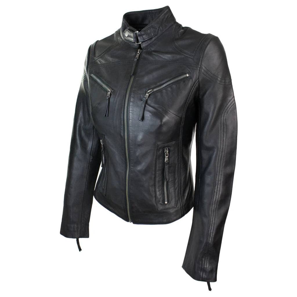 A black leather motorcycle jacket with a mock neck, front zipper, and multiple zippered pockets, shown on a plain white background.