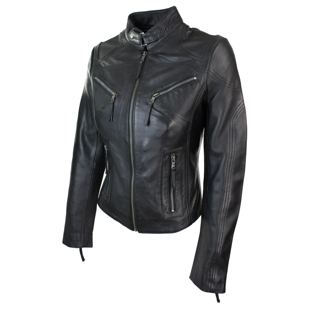 A black leather motorcycle jacket with a mock neck, front zipper, and multiple zippered pockets, shown on a plain white background.