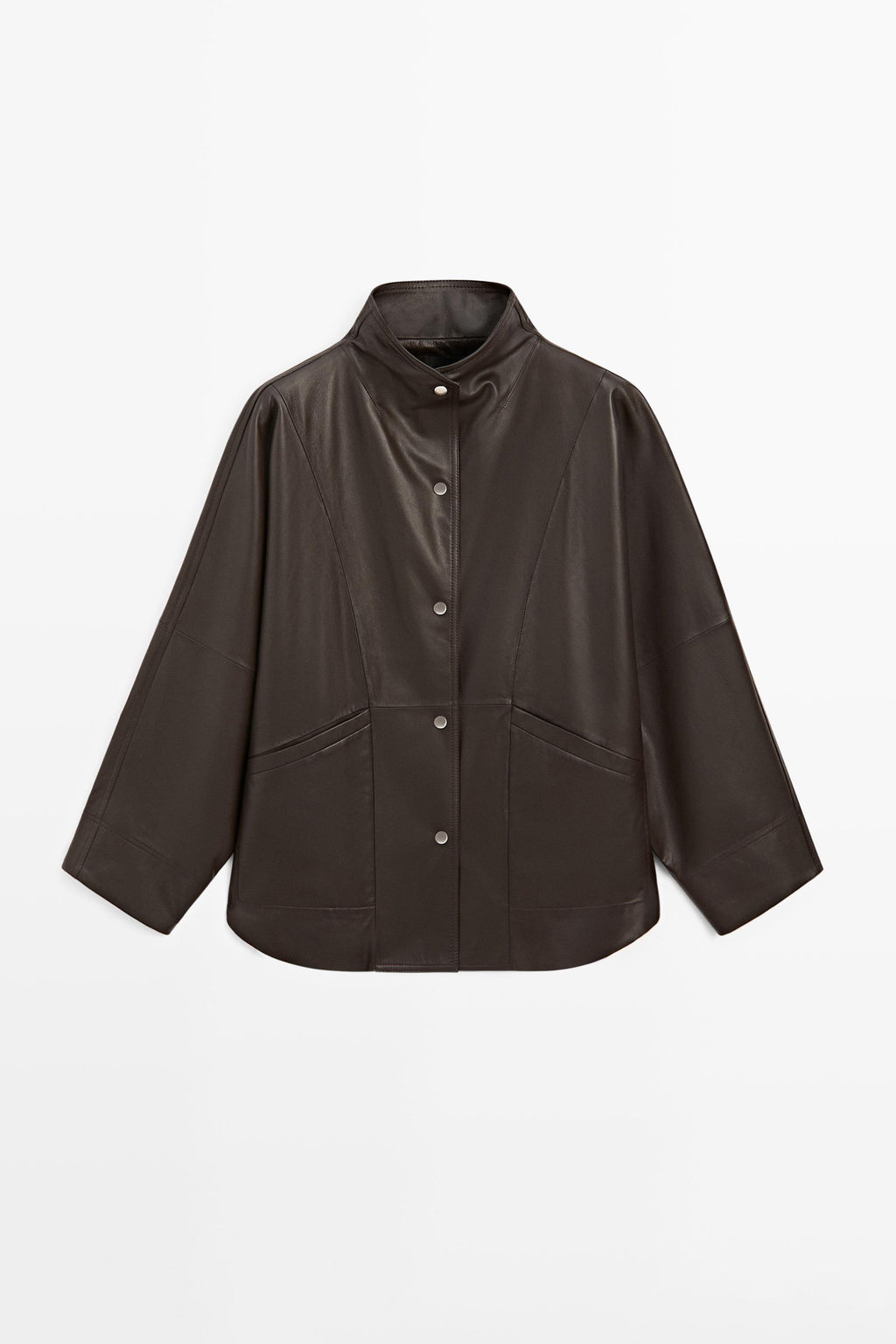 A dark brown leather jacket with a high stand collar, button-up front, and front flap pockets, displayed on a clean white background.