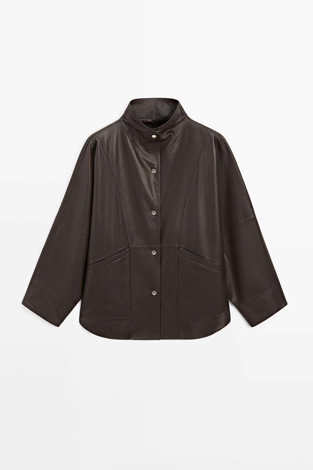 A dark brown leather jacket with a high stand collar, button-up front, and front flap pockets, displayed on a clean white background.