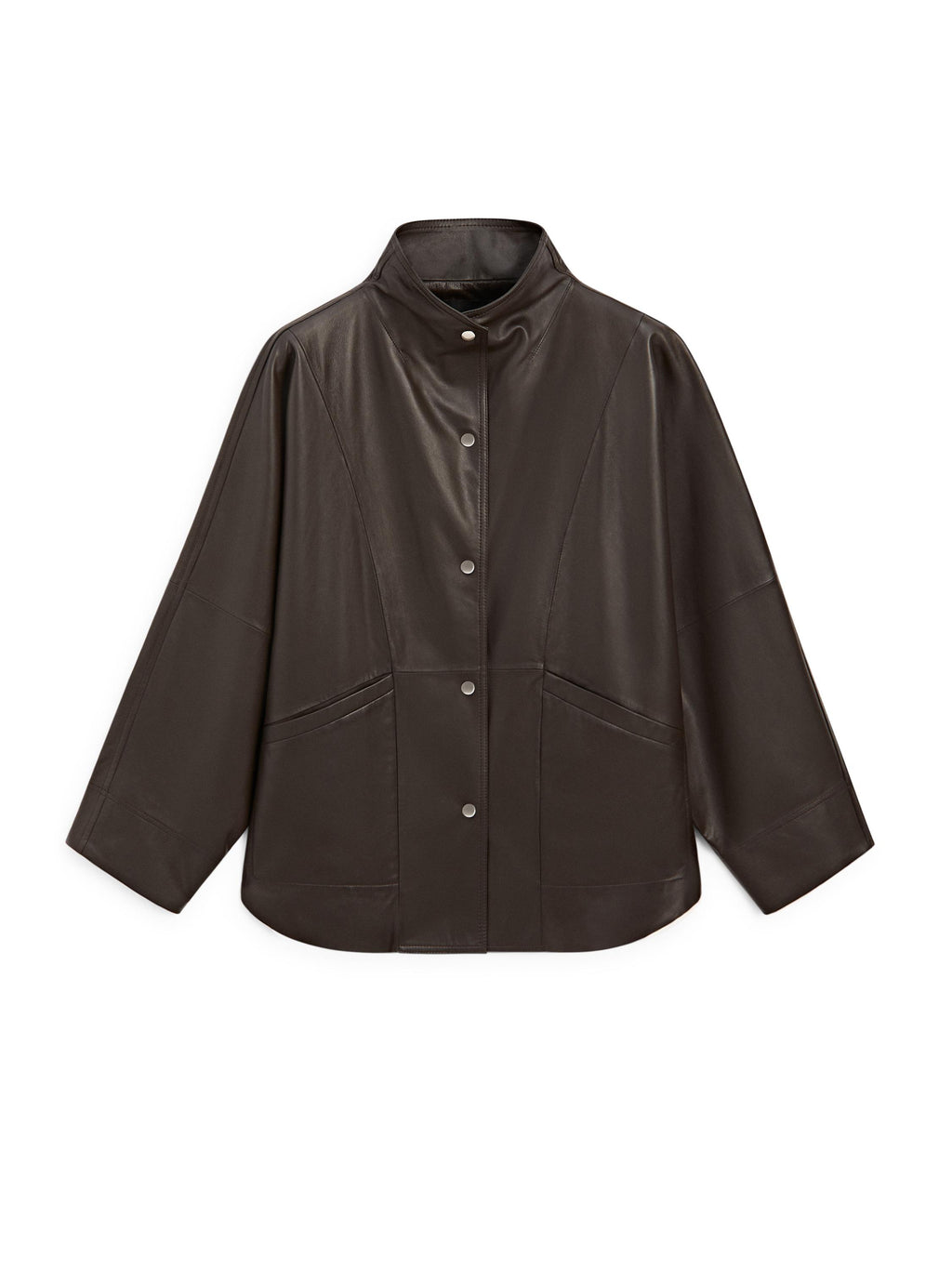 A dark brown leather jacket with a high stand-up collar, button front, and two front patch pockets, shown on a plain white background.