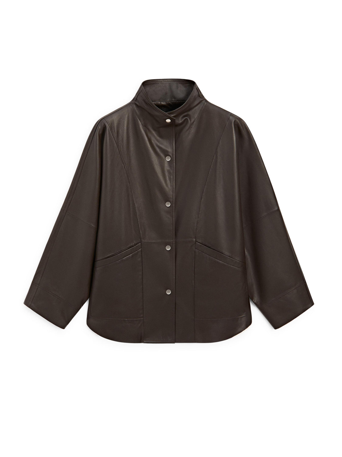A dark brown leather jacket with a high stand-up collar, button front, and two front patch pockets, shown on a plain white background.