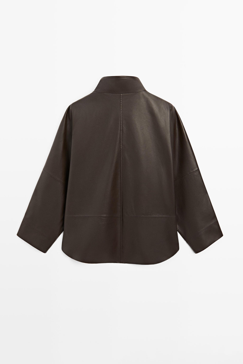 A dark brown cropped jacket with wide three-quarter sleeves and a high collar, shown from the back against a plain white background.