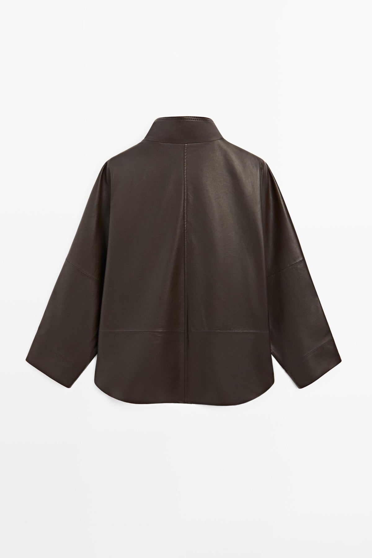 A dark brown cropped jacket with wide three-quarter sleeves and a high collar, shown from the back against a plain white background.
