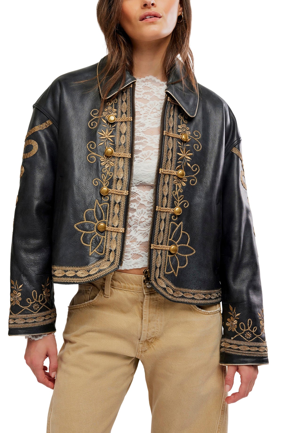 Women Embroidered Leather Jacket