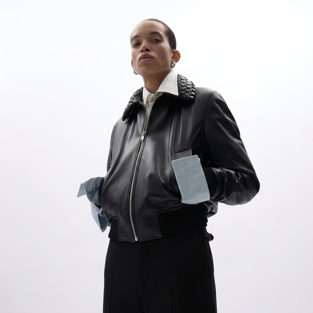 A model wearing a black leather bomber jacket with a textured black collar, styled with a white collared shirt and black trousers against a light gray studio background.