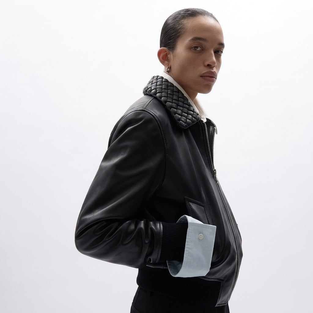 A model wearing a black leather bomber jacket with a black quilted shearling-style collar, a light blue shirt cuff peeking out from the pocket, and a white shirt underneath, photographed against a solid light gray background.