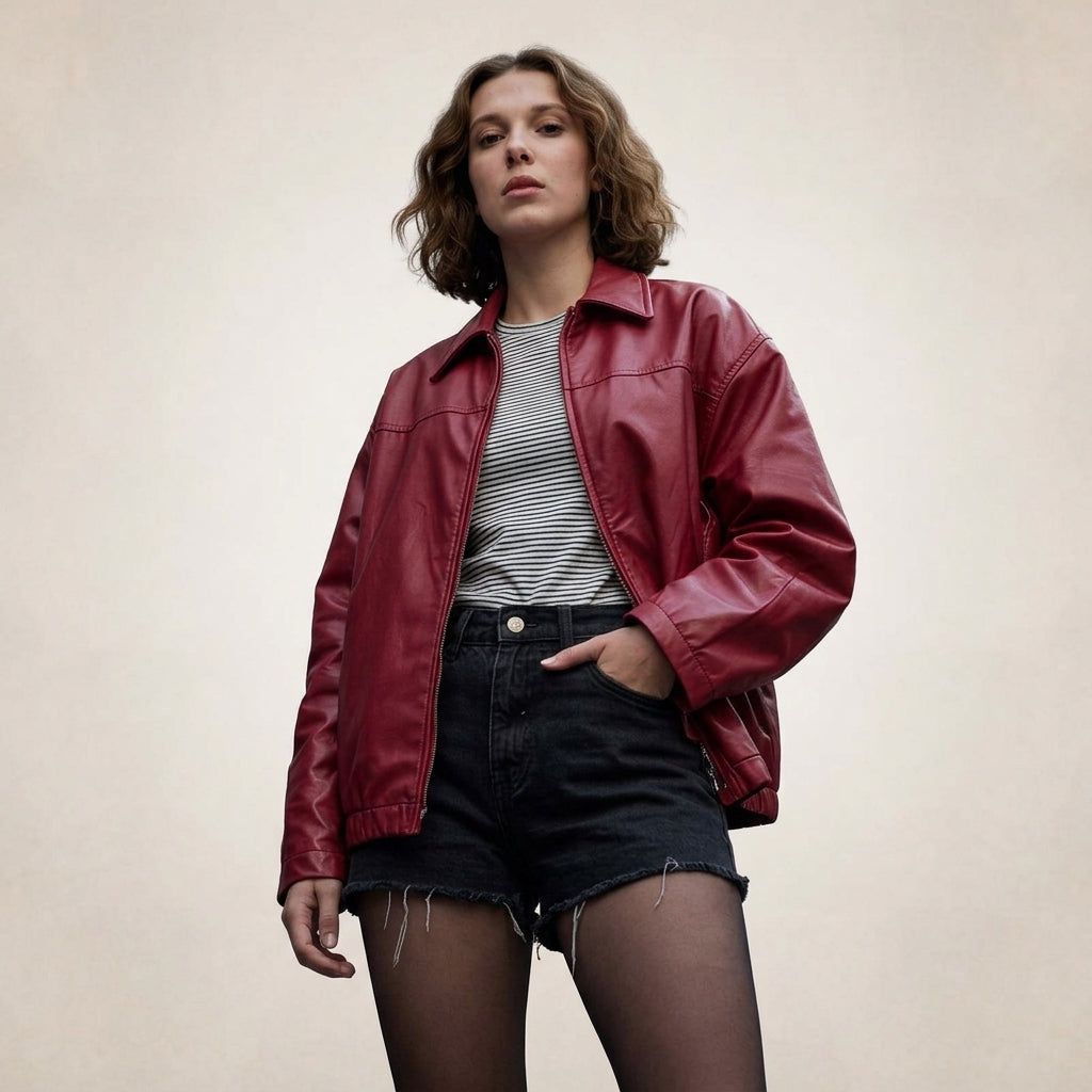 A woman wearing a red leather jacket over a gray and white striped t-shirt, paired with black denim shorts and sheer black tights, standing against a plain beige background.