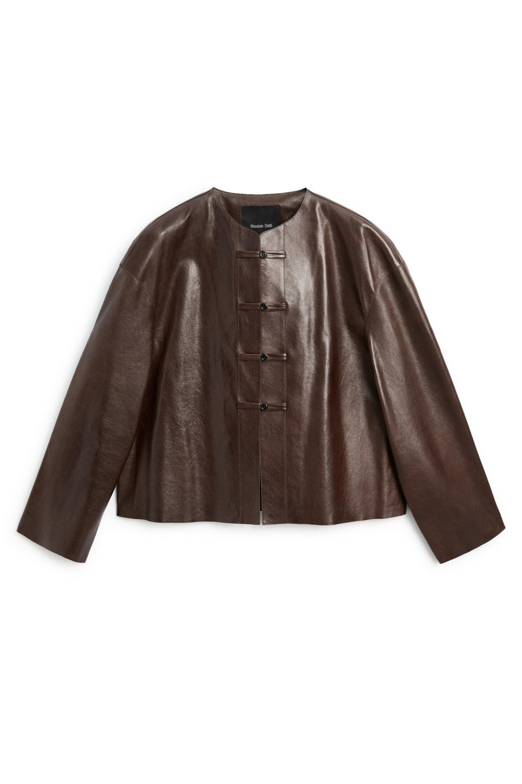 A dark brown leather jacket with a round neckline, long sleeves, and a front closure made of five decorative toggle buttons, displayed flat against a white background.