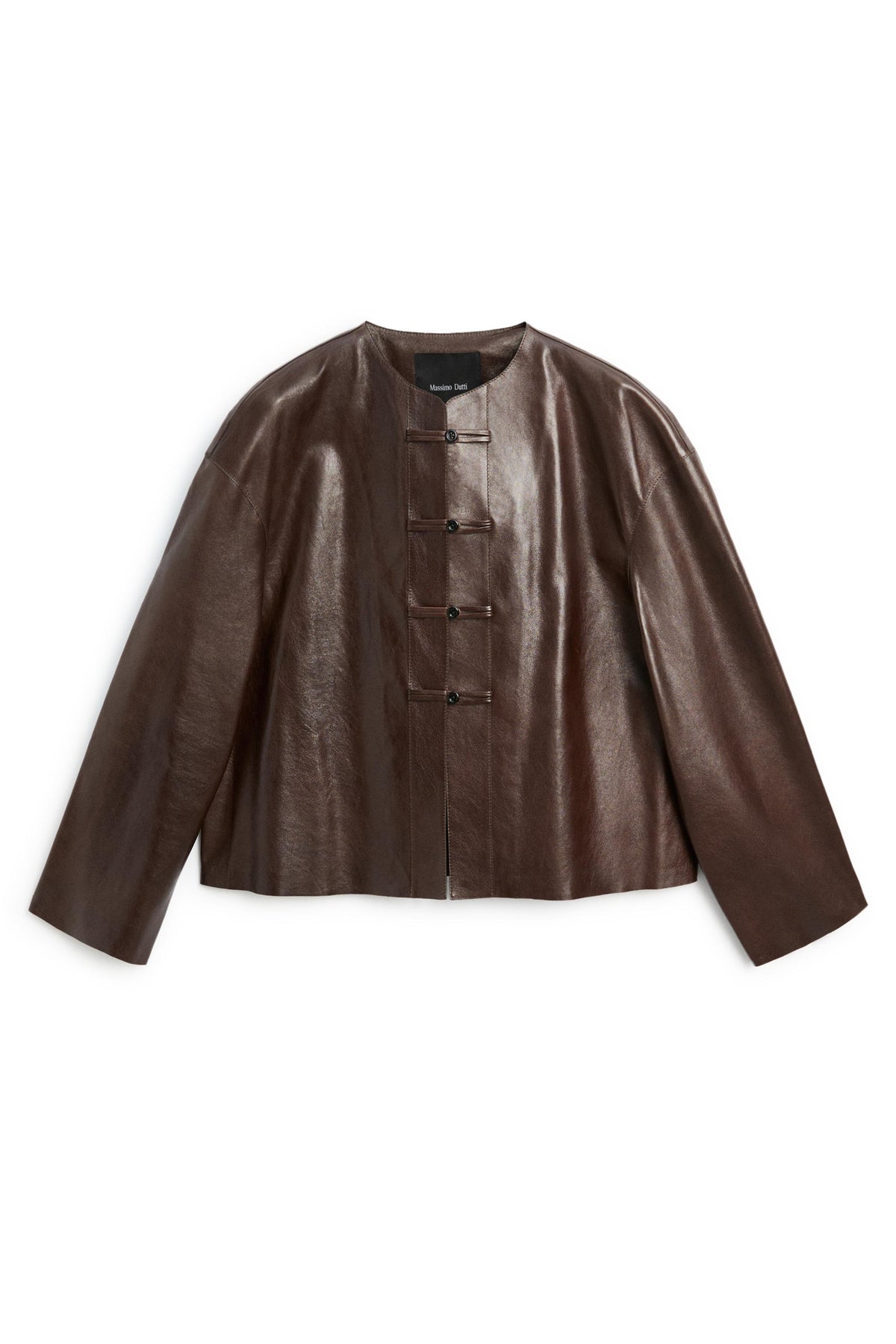 A dark brown leather jacket with a round neckline, long sleeves, and a front closure made of five decorative toggle buttons, displayed flat against a white background.