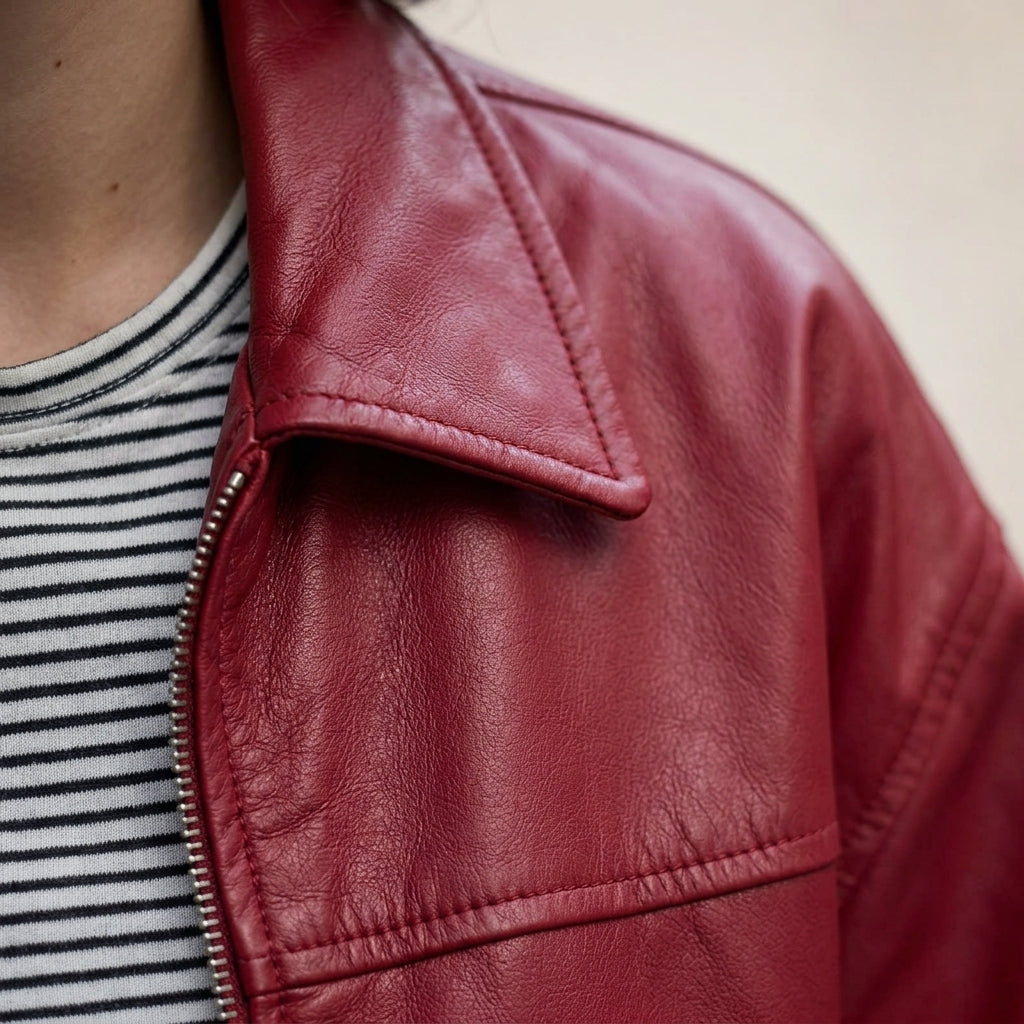 A close-up of a person wearing a burgundy leather jacket over a black and white striped t-shirt, showing the collar and zipper detail.
