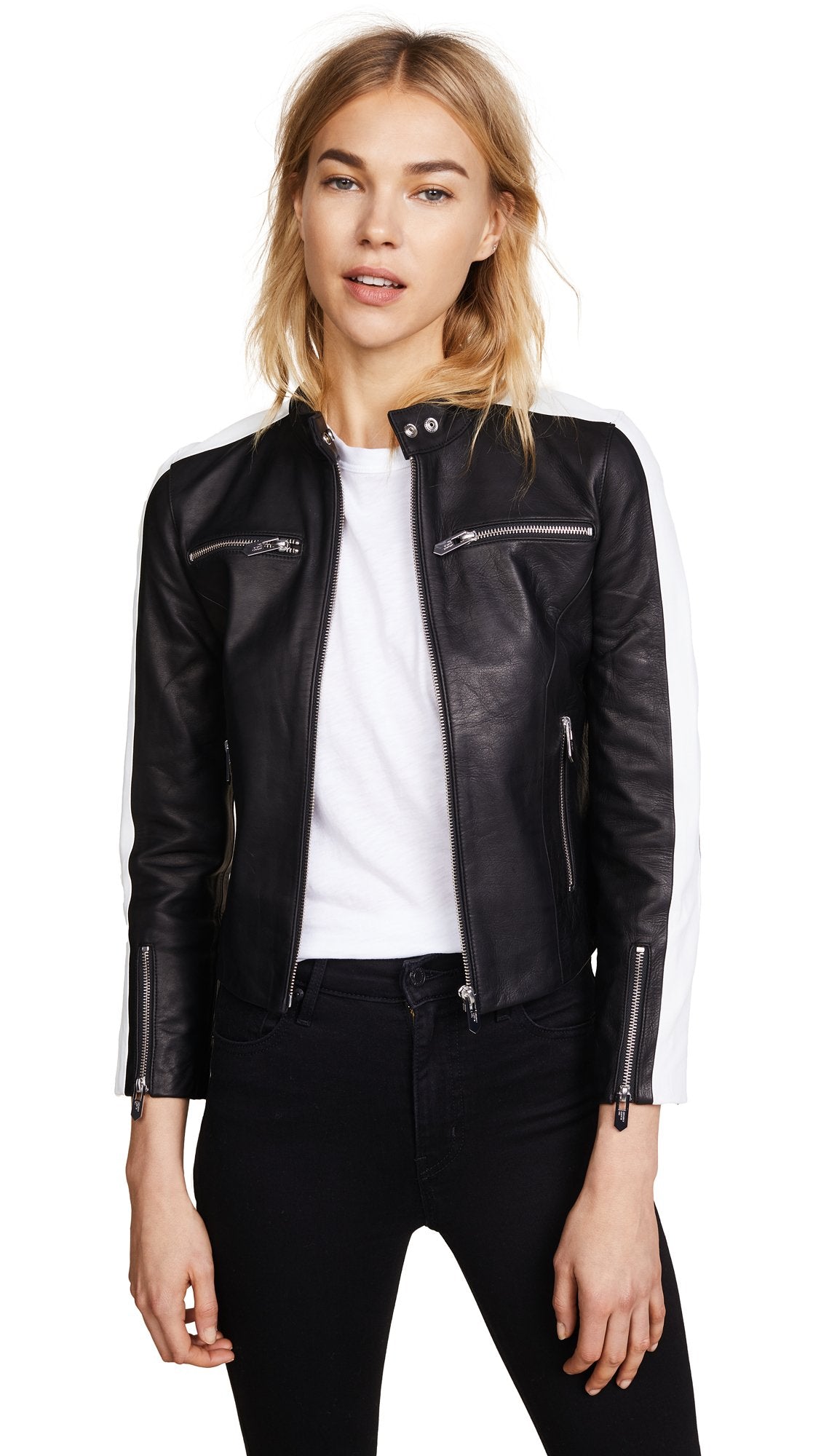 women wearing black cafe racer jacket with zipper open view