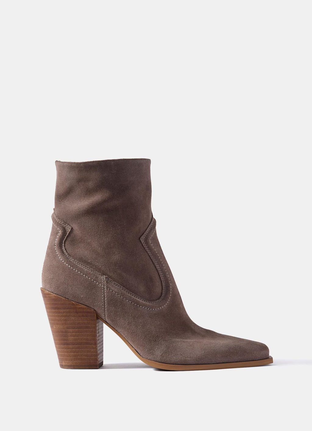 A single taupe-brown suede ankle boot with a chunky wooden block heel and pointed toe, shown in profile against a light gray background.