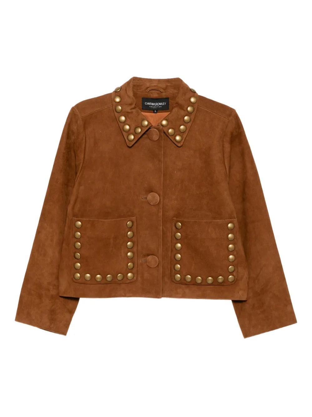 A cropped brown suede jacket with gold-tone metal studs, featuring a pointed collar, three-quarter sleeves, and two front flap pockets, shown against a plain white background.
